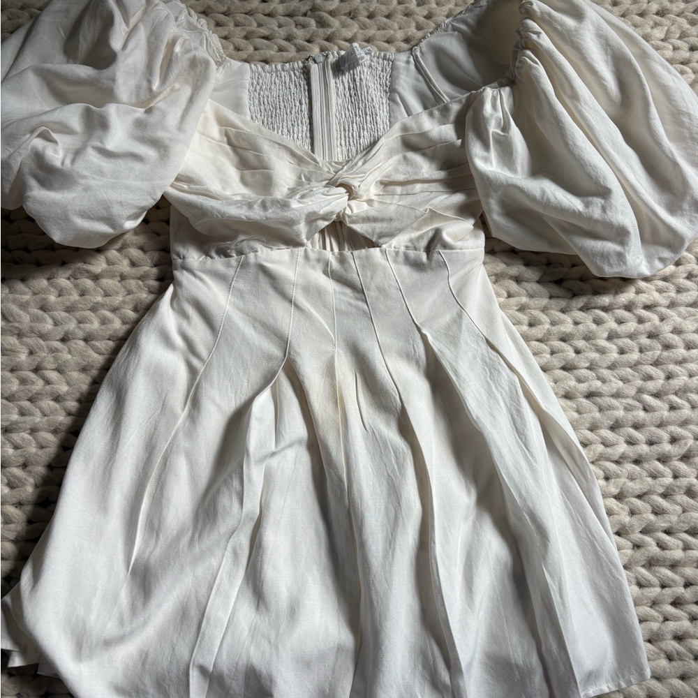 ASTR! White Puff Sleeve Knot Front Mini Dress